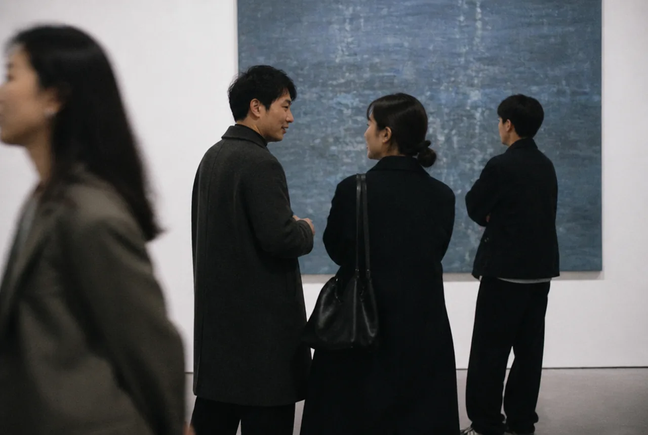 전시장에서 그림을 함께 보는 사람들